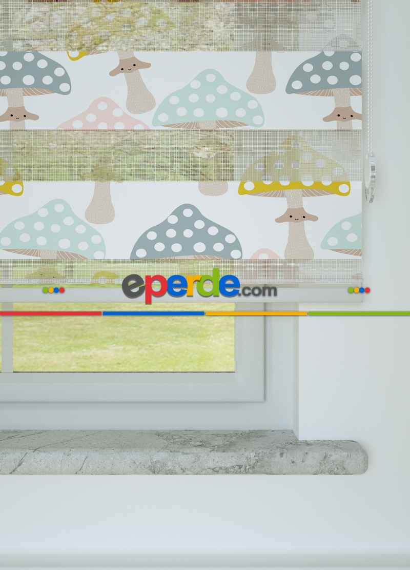 Çocuk Odası - Pembe Sarı Mantar Desenli Baskılı Zebra Perde