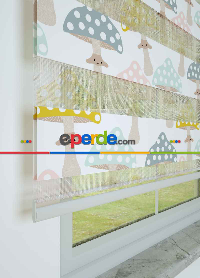 Çocuk Odası - Pembe Sarı Mantar Desenli Baskılı Zebra Perde