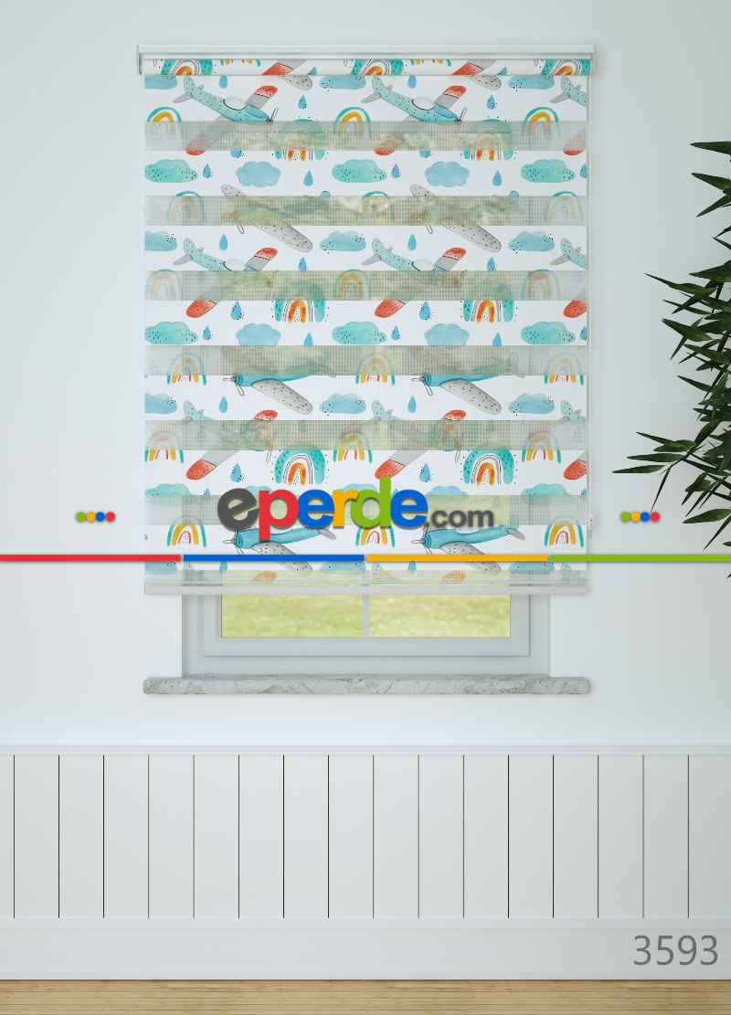 Bebek Odası - Turkuaz Uçak Ve Bulut Desenli Baskılı Zebra Perde