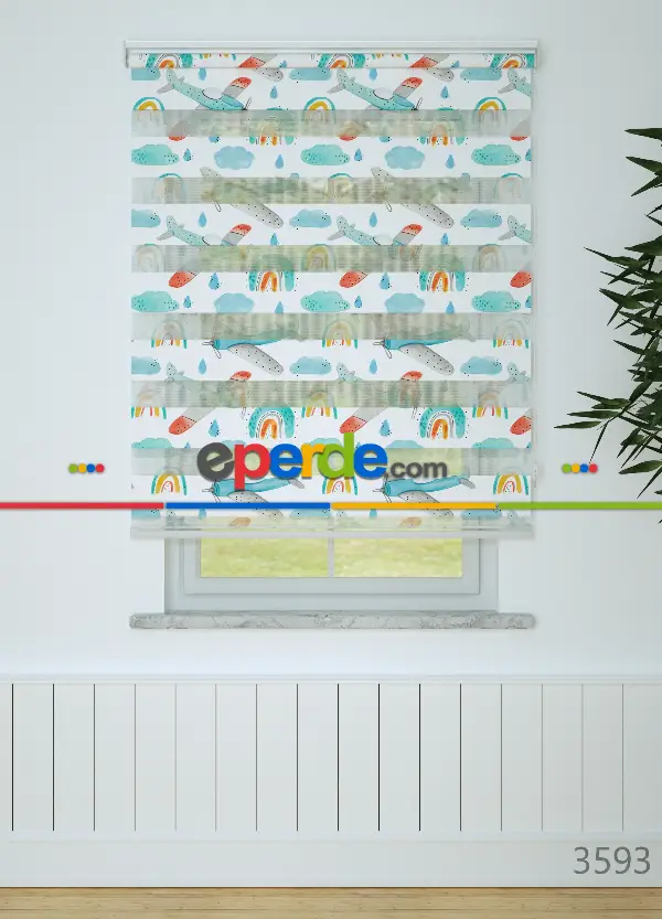 Bebek Odası - Turkuaz Uçak Ve Bulut Desenli Baskılı Zebra Perde