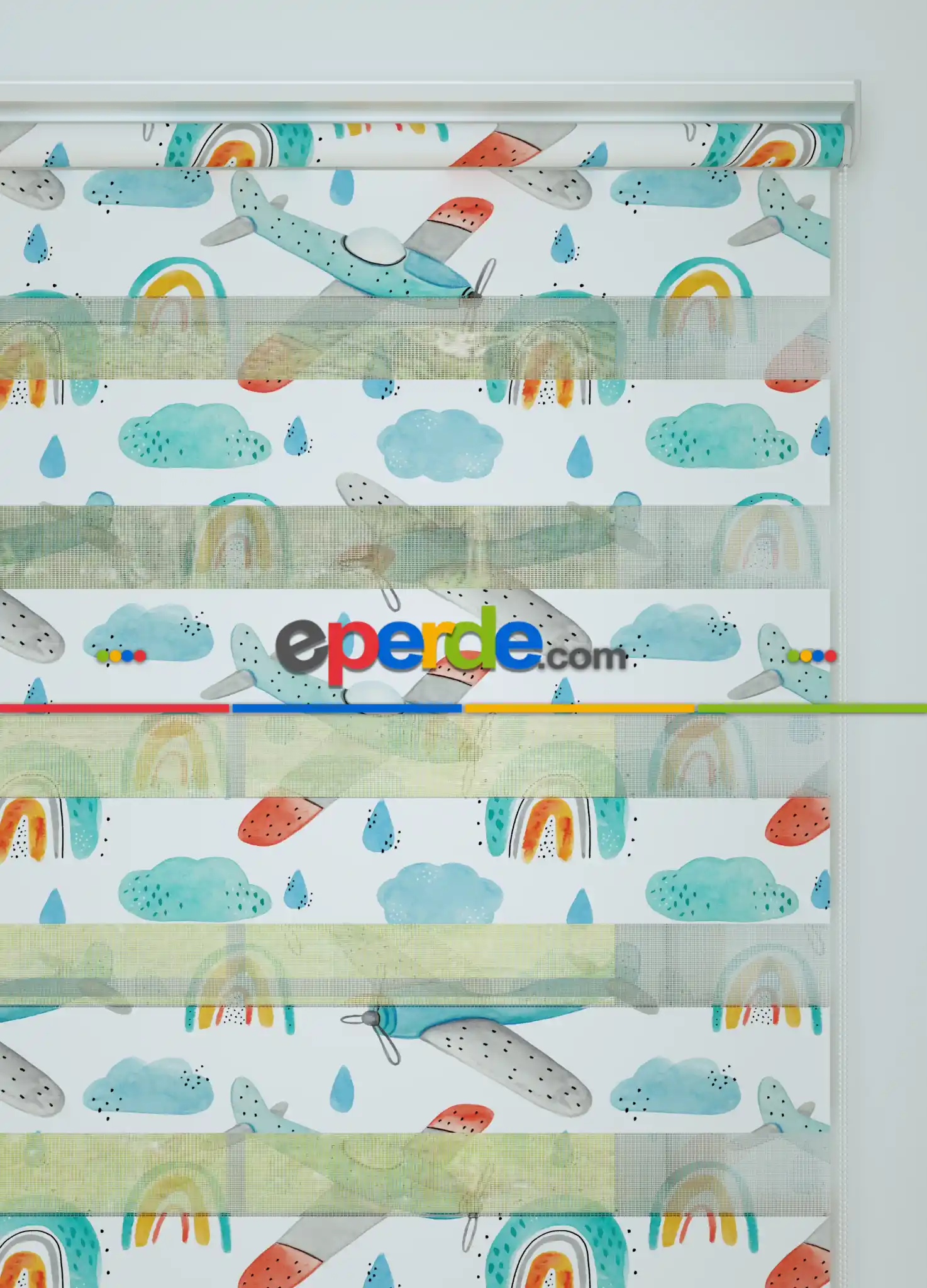 Bebek Odası - Turkuaz Uçak Ve Bulut Desenli Baskılı Zebra Perde