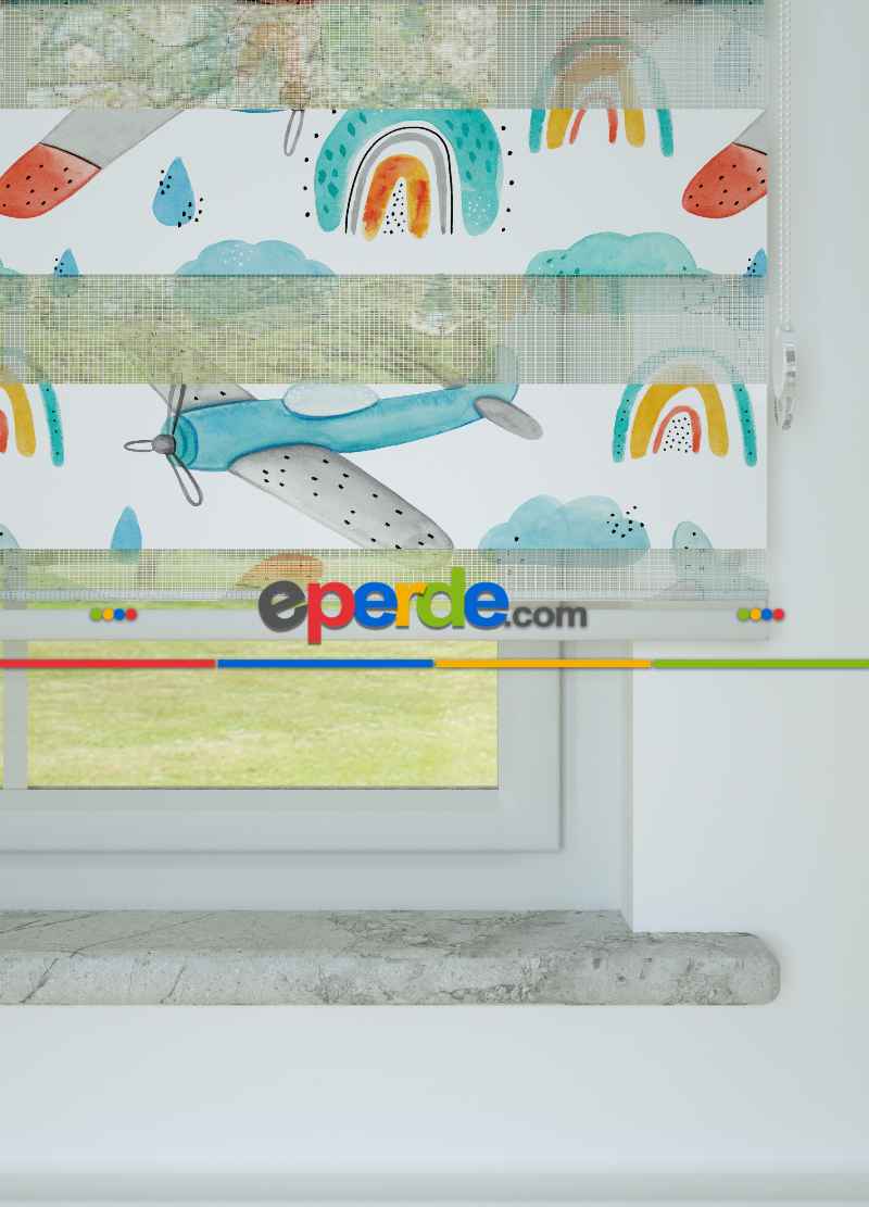 Bebek Odası - Turkuaz Uçak Ve Bulut Desenli Baskılı Zebra Perde