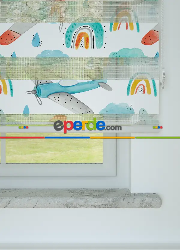 Bebek Odası - Turkuaz Uçak Ve Bulut Desenli Baskılı Zebra Perde