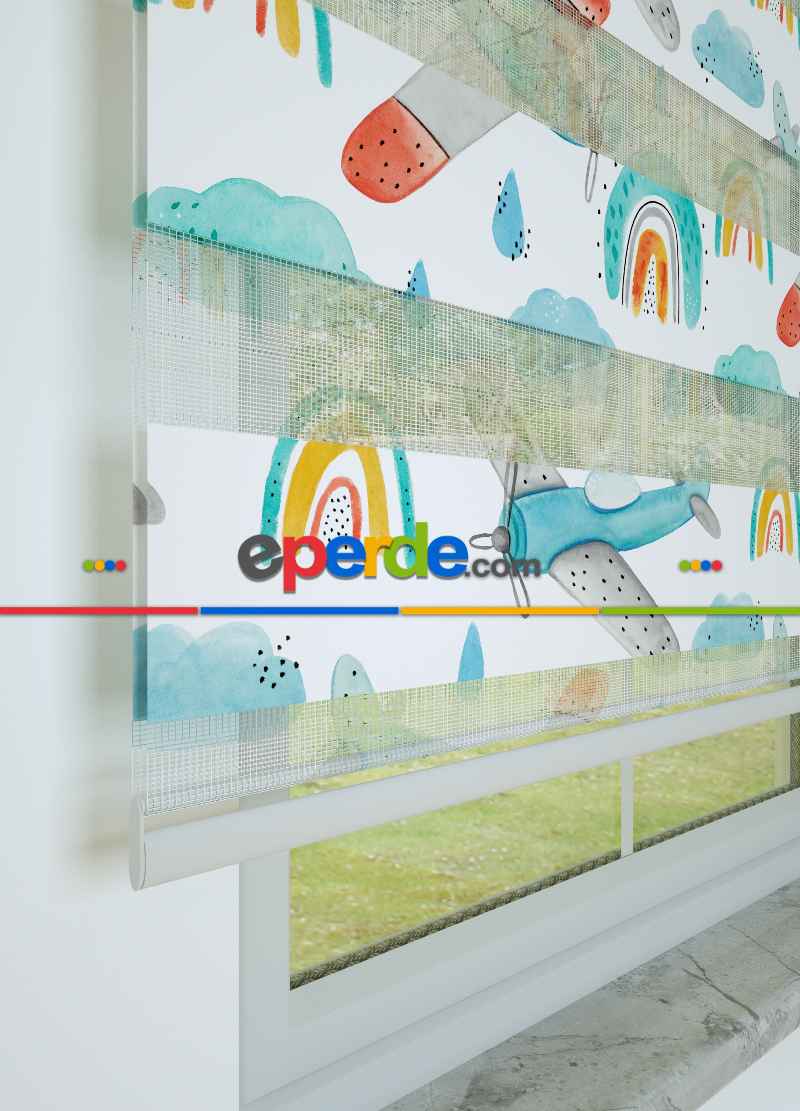 Bebek Odası - Turkuaz Uçak Ve Bulut Desenli Baskılı Zebra Perde
