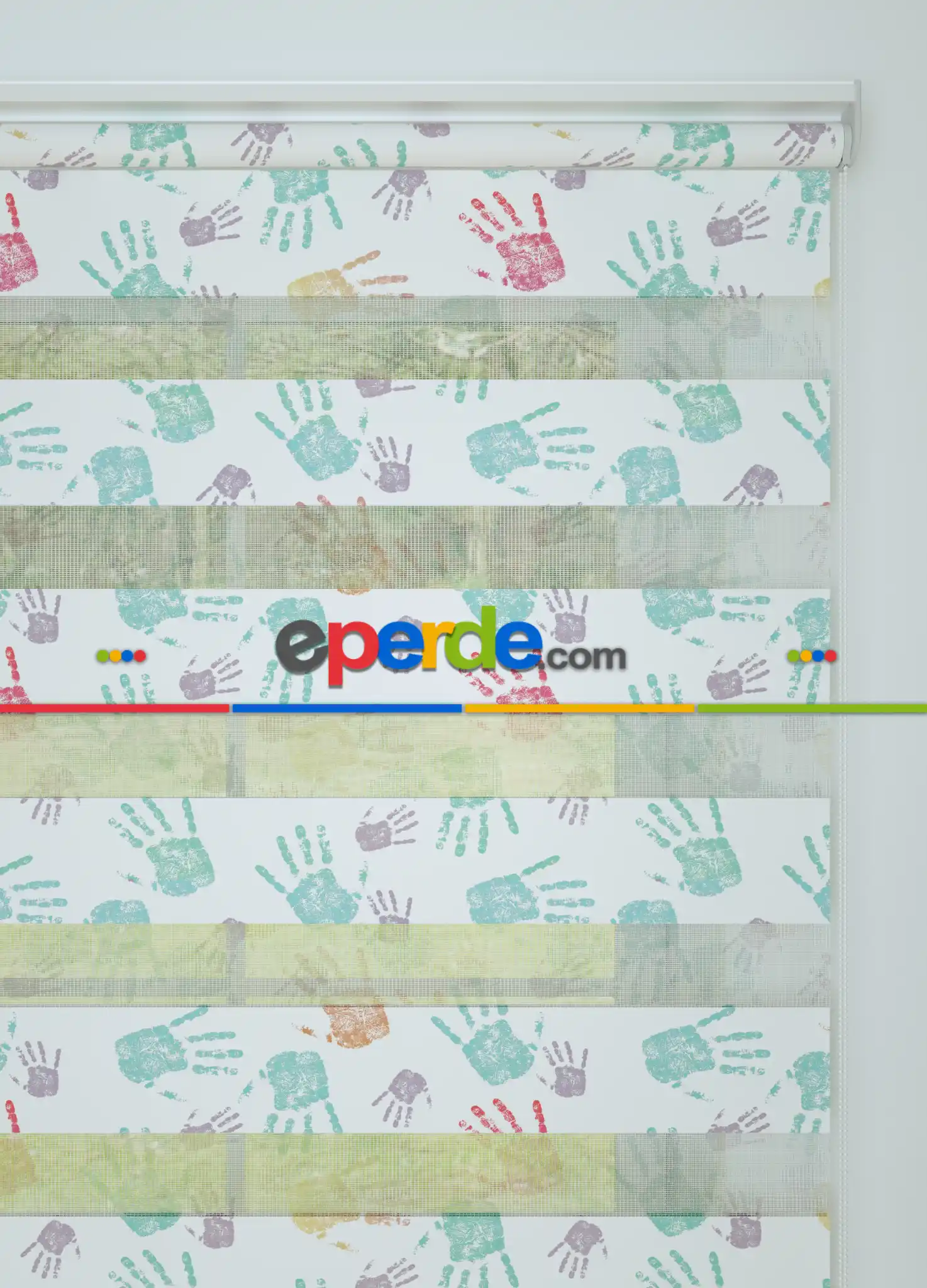 Mor Yeşil El İzi Desenli Baskılı Zebra Perde