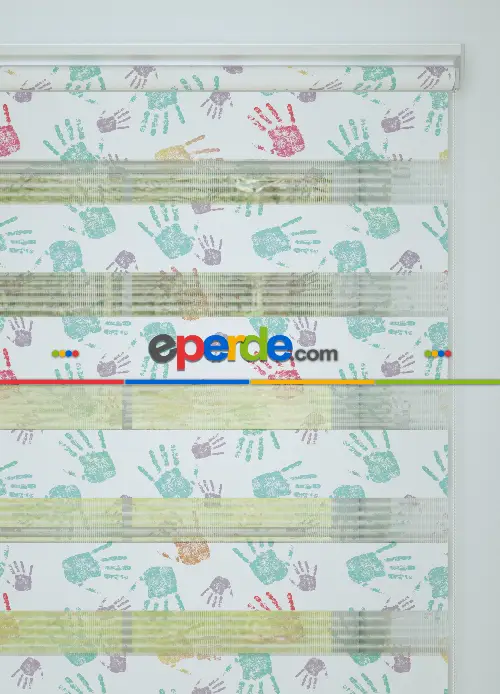 Mor Yeşil El İzi Desenli Baskılı Zebra Perde