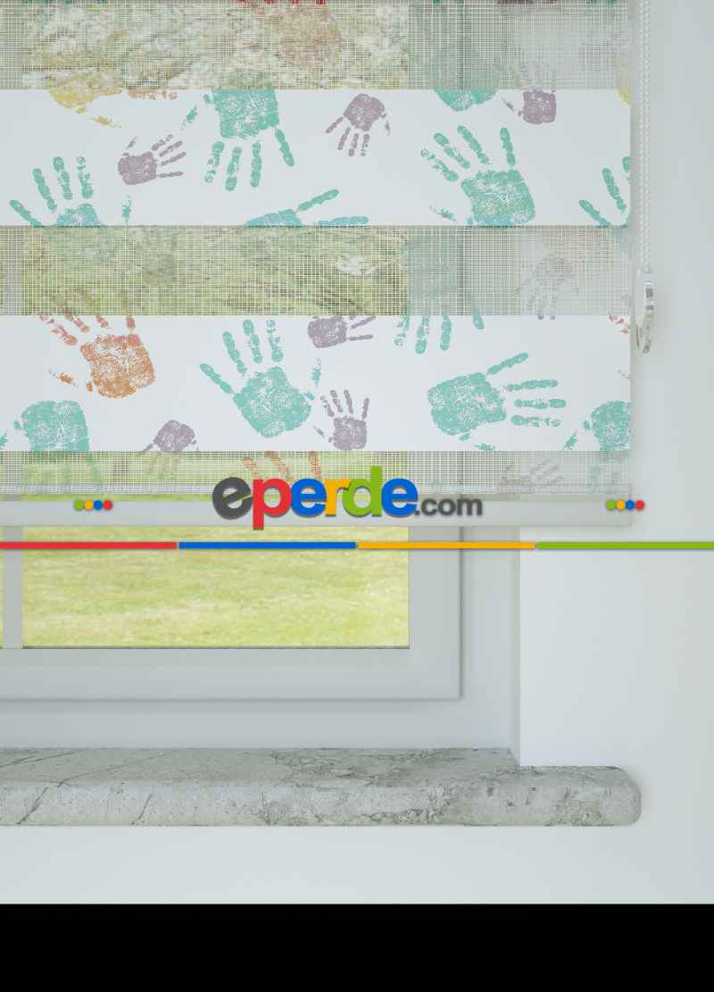 Çocuk Odası - Mor Yeşil El İzi Desenli Baskılı Zebra Perde