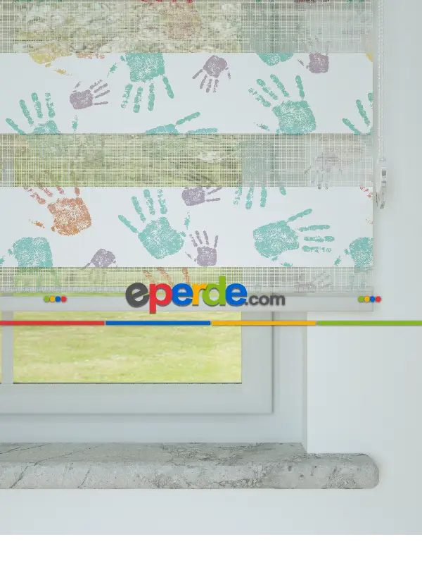 Mor Yeşil El İzi Desenli Baskılı Zebra Perde