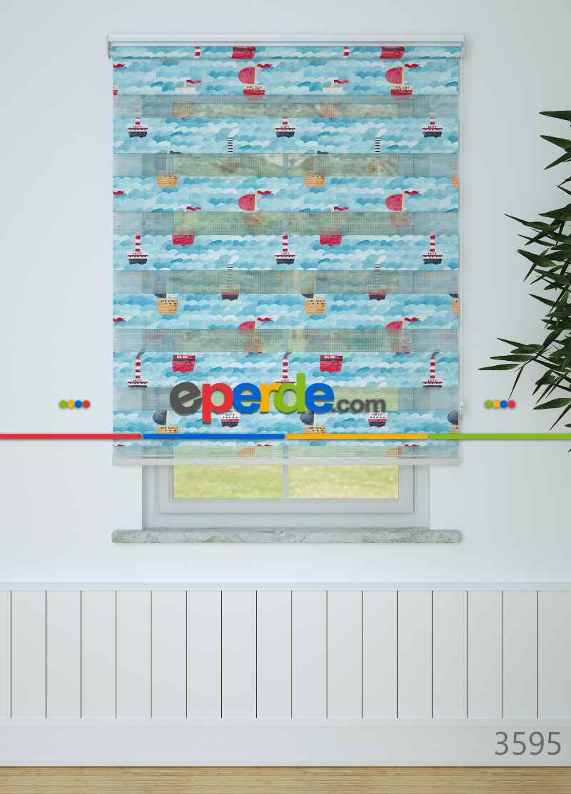 Bebek Odası - Mavi Denizci Desenli Baskılı Zebra Perde