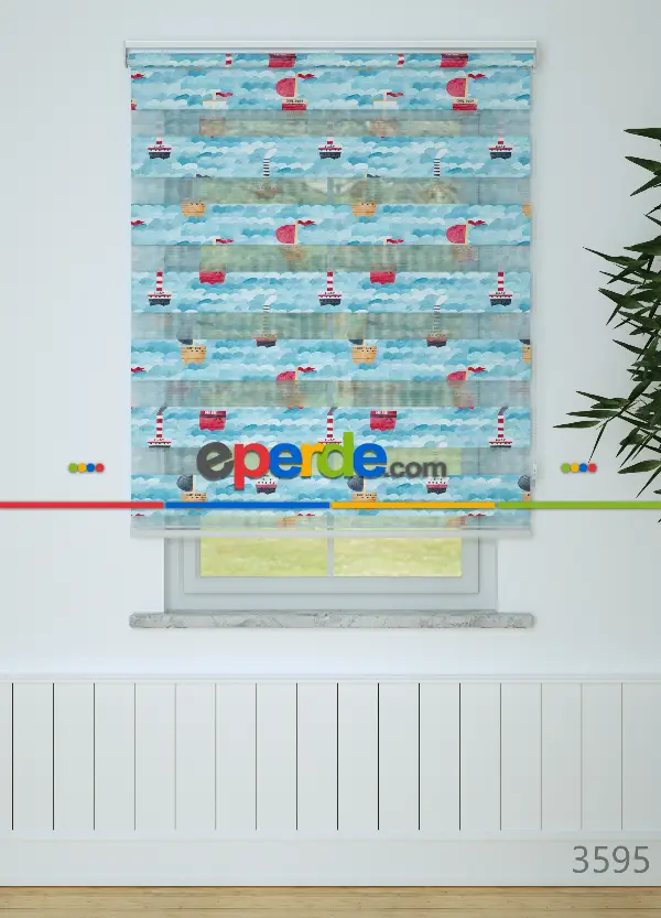 Bebek Odası - Mavi Denizci Desenli Baskılı Zebra Perde