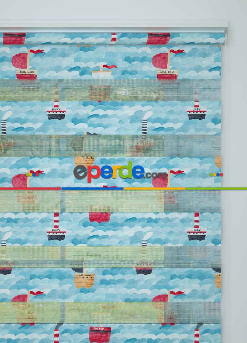 Bebek Odası - Mavi Denizci Desenli Baskılı Zebra Perde