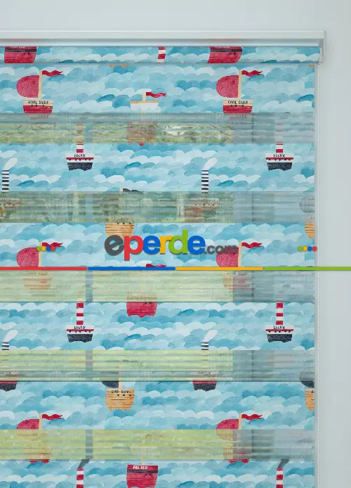 Mavi Denizci Desenli Baskılı Zebra Perde