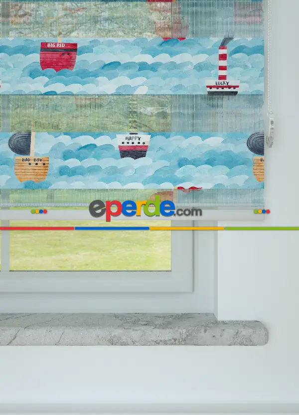 Bebek Odası - Mavi Denizci Desenli Baskılı Zebra Perde