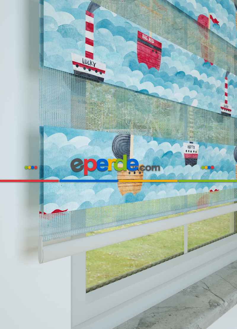 Bebek Odası - Mavi Denizci Desenli Baskılı Zebra Perde