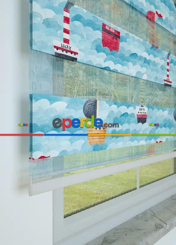 Bebek Odası - Mavi Denizci Desenli Baskılı Zebra Perde