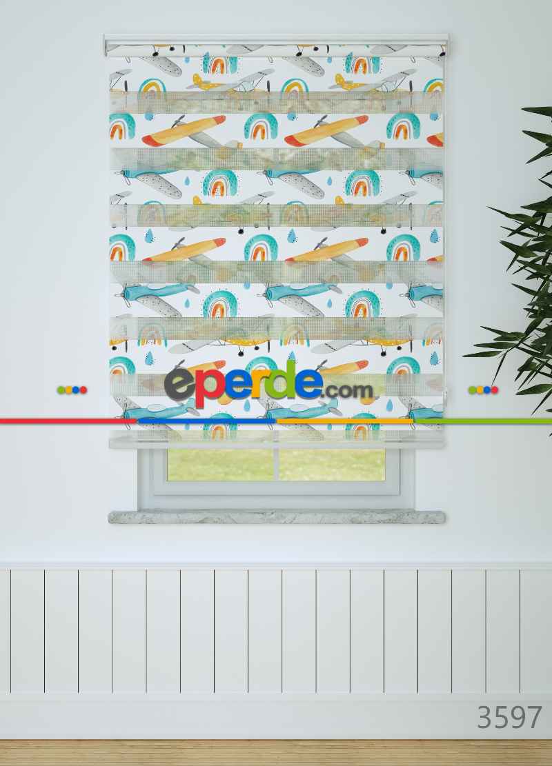 Çocuk Odası - Turuncu Uçak Ve Gökkuşağı Desenli Baskılı Zebra Perde