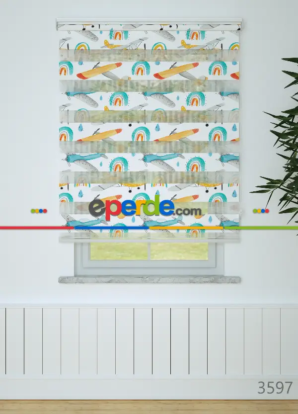 Turuncu Uçak Ve Gökkuşağı Desenli Baskılı Zebra Perde