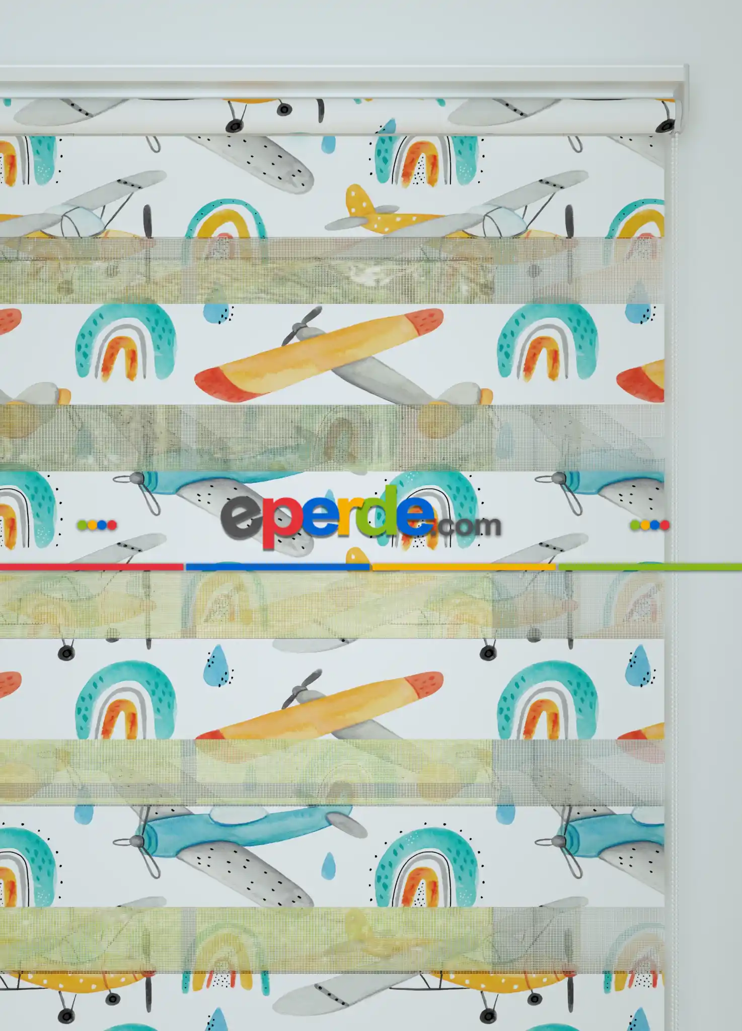 Turuncu Uçak Ve Gökkuşağı Desenli Baskılı Zebra Perde