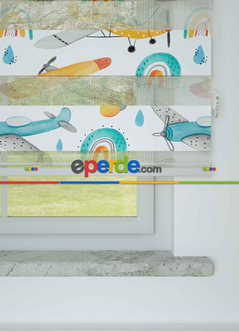 Çocuk Odası - Turuncu Uçak Ve Gökkuşağı Desenli Baskılı Zebra Perde