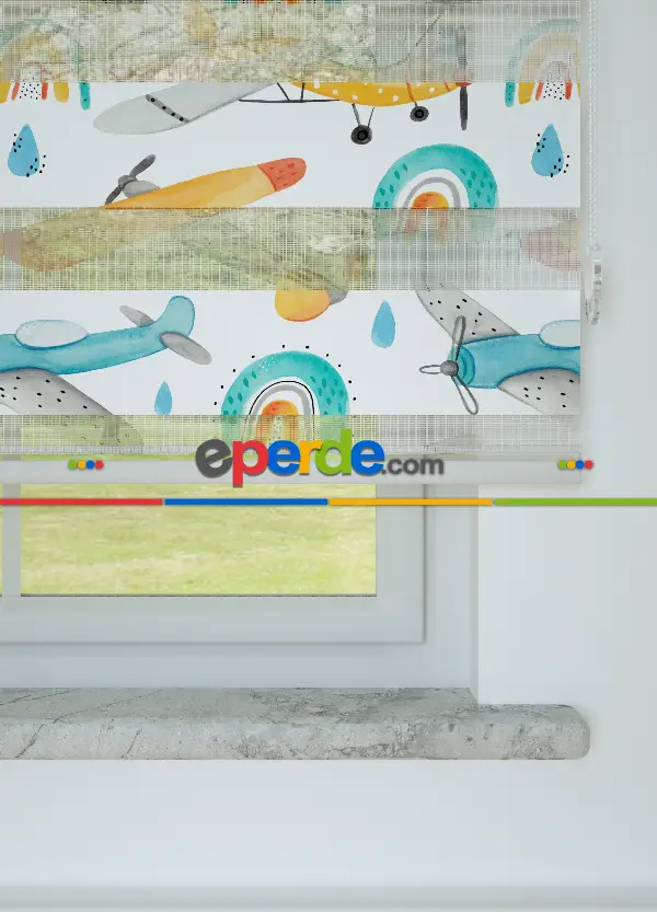 Turuncu Uçak Ve Gökkuşağı Desenli Baskılı Zebra Perde