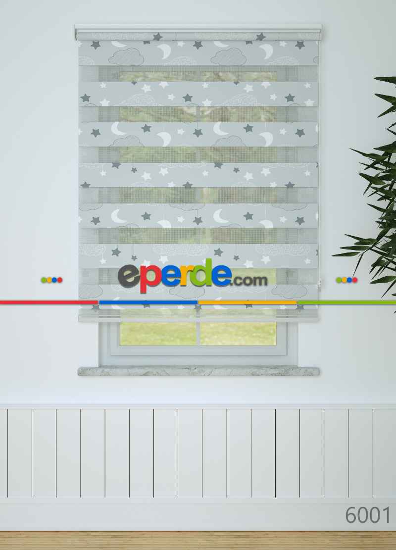 Gri Bulut Ve Yıldız Desenli Baskılı Zebra Perde