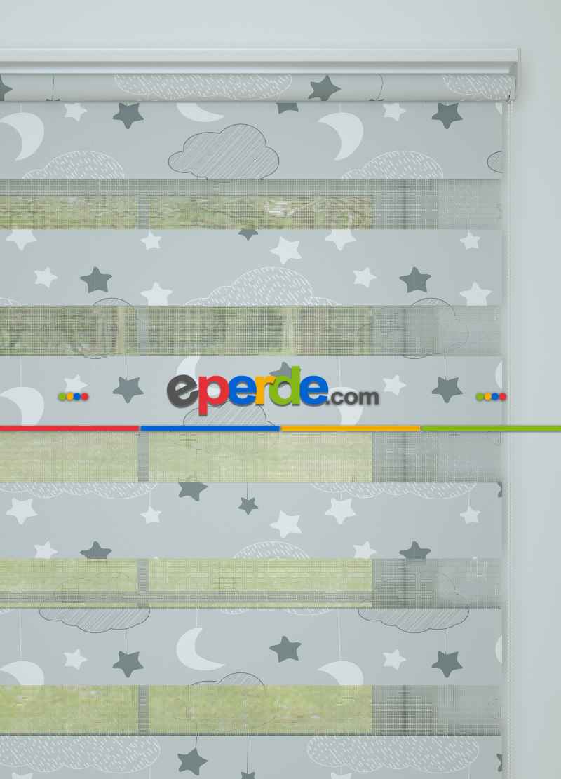 Gri Bulut Ve Yıldız Desenli Baskılı Zebra Perde