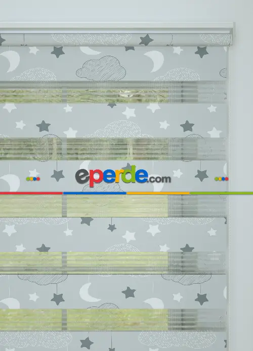 Gri Bulut Ve Yıldız Desenli Baskılı Zebra Perde