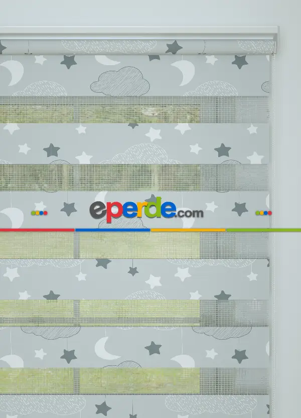 Bebek Odası - Gri Bulut Ve Yıldız Desenli Baskılı Zebra Perde