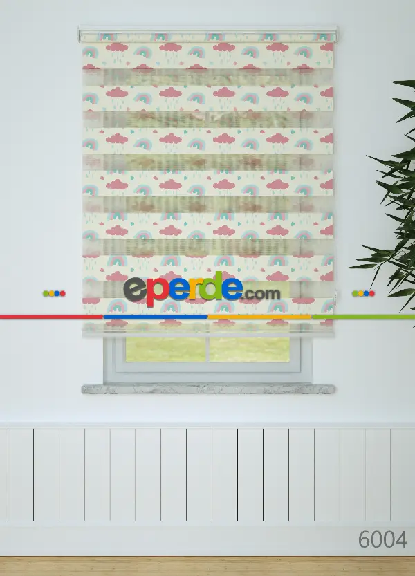 Bebek Odası - Açık Sarı Pembe Gökkuşağı Ve Bulut Desenli Baskılı Zebra Perde