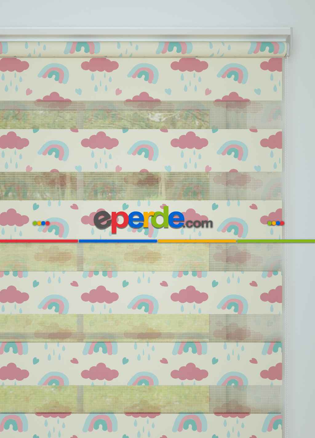 Çocuk Odası - Açık Sarı Pembe Gökkuşağı Ve Bulut Desenli Baskılı Zebra Perde