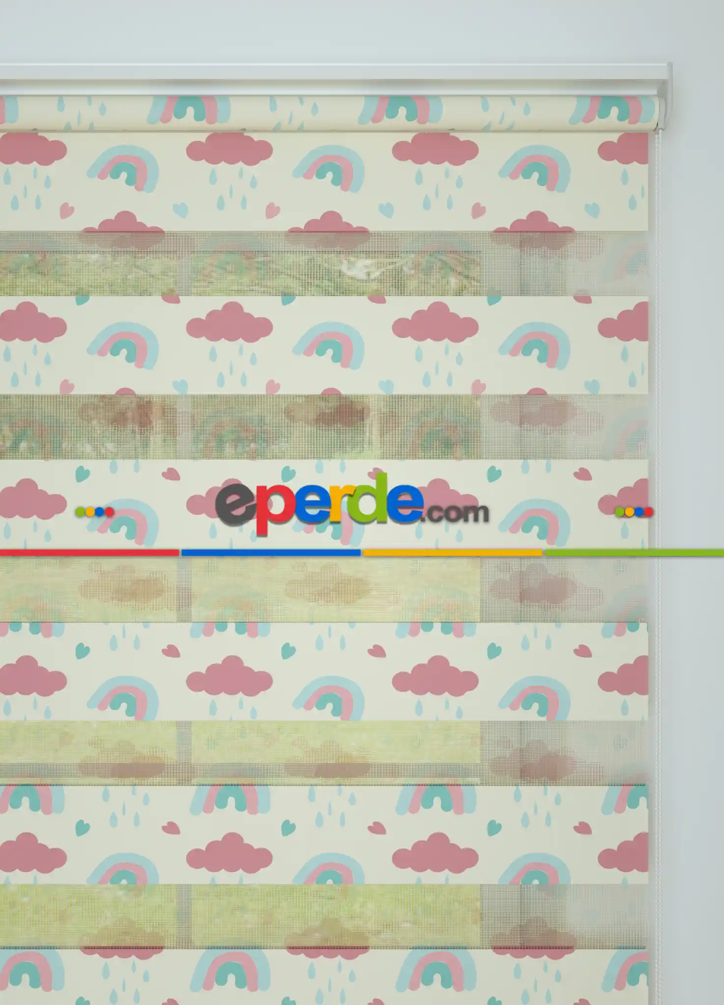 Bebek Odası - Açık Sarı Pembe Gökkuşağı Ve Bulut Desenli Baskılı Zebra Perde