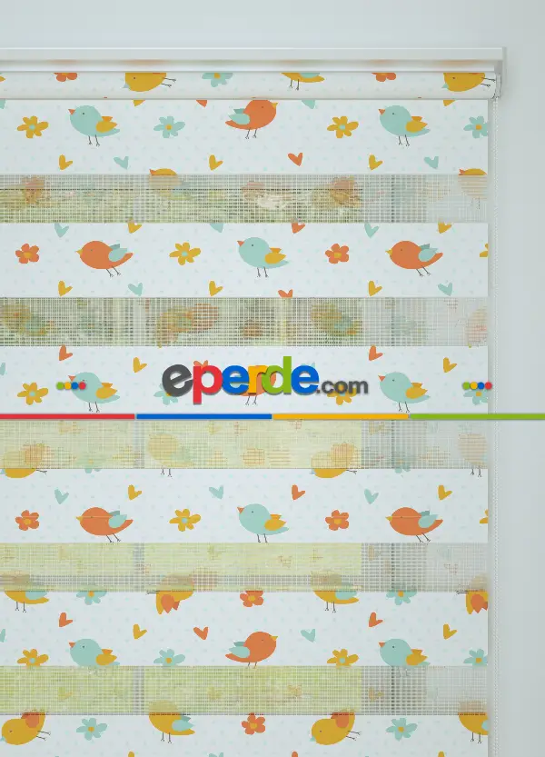 Turuncu Sarı Kuş Desenli Baskılı Zebra Perde