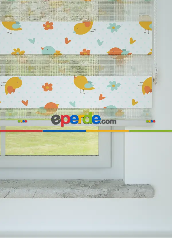 Turuncu Sarı Kuş Desenli Baskılı Zebra Perde