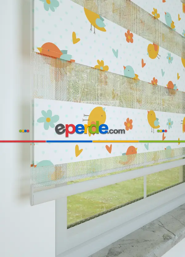 Turuncu Sarı Kuş Desenli Baskılı Zebra Perde