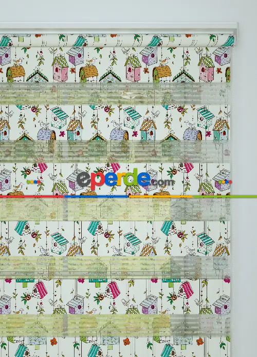 Pembe Turkuaz Kuş Kafes Desenli Baskılı Zebra Perde
