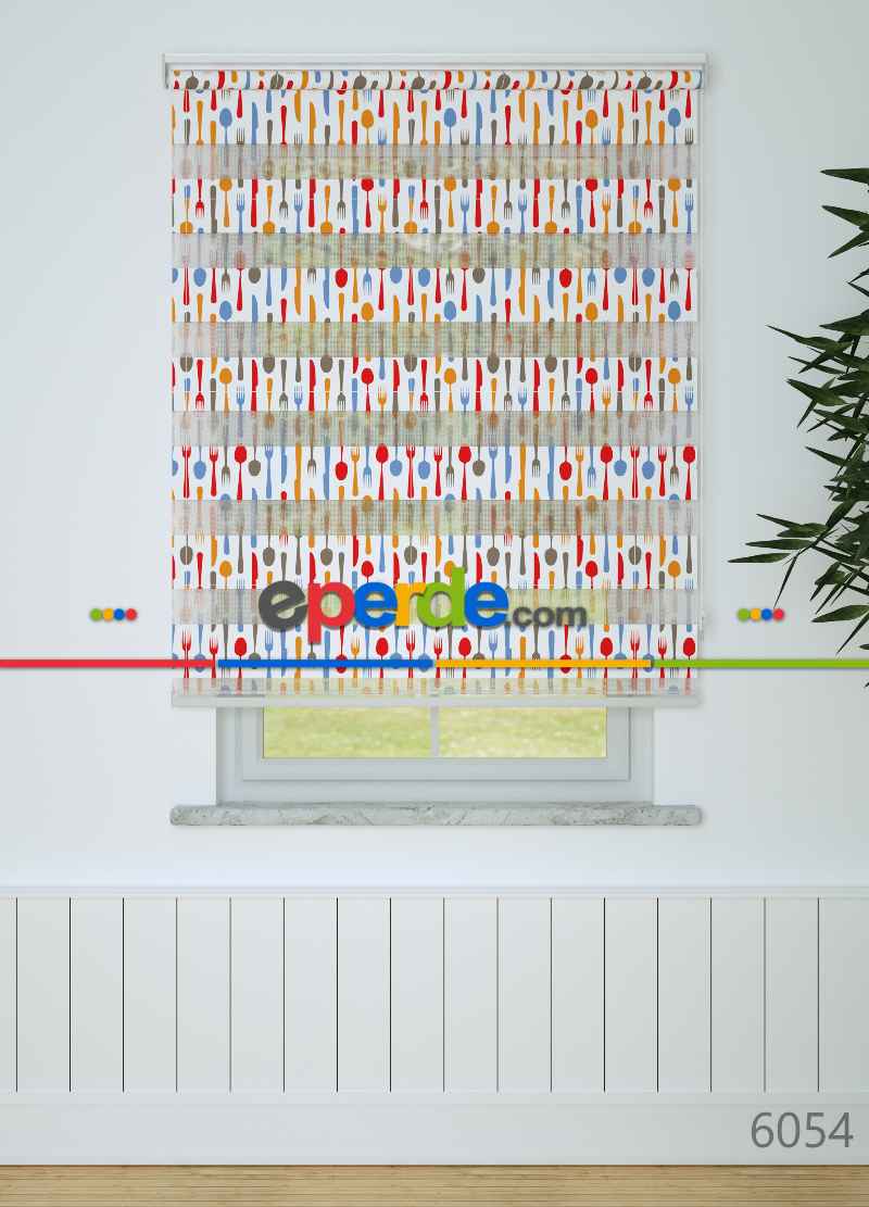 Mutfak - Turuncu Kırmızı Çatal Bıçak Desenli Baskılı Zebra Perde