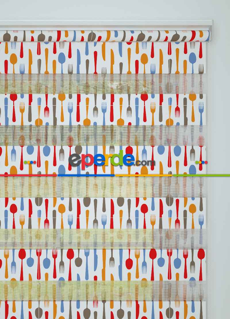 Mutfak - Turuncu Kırmızı Çatal Bıçak Desenli Baskılı Zebra Perde