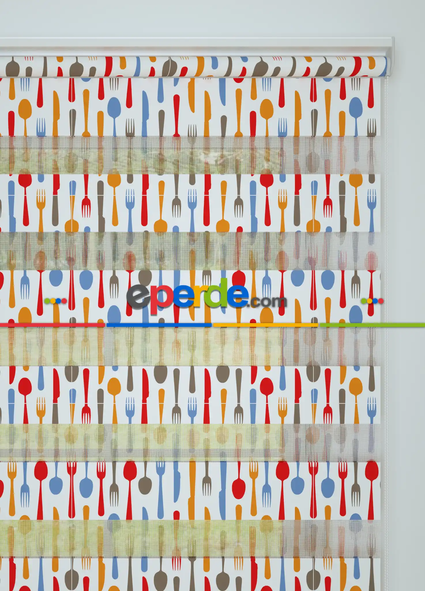 Mutfak - Turuncu Kırmızı Çatal Bıçak Desenli Baskılı Zebra Perde