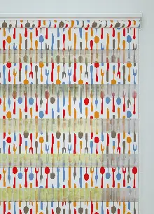 Mutfak - Turuncu Kırmızı Çatal Bıçak Desenli Baskılı Zebra Perde