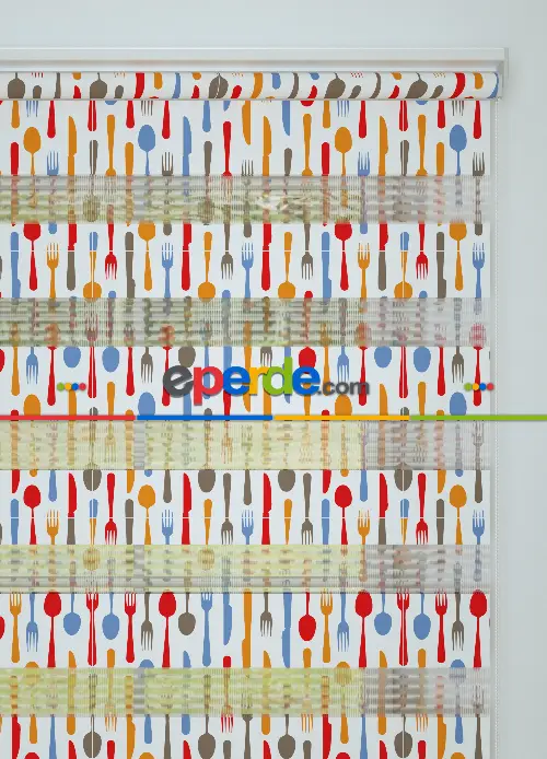 Turuncu Kırmızı Çatal Bıçak Desenli Baskılı Zebra Perde