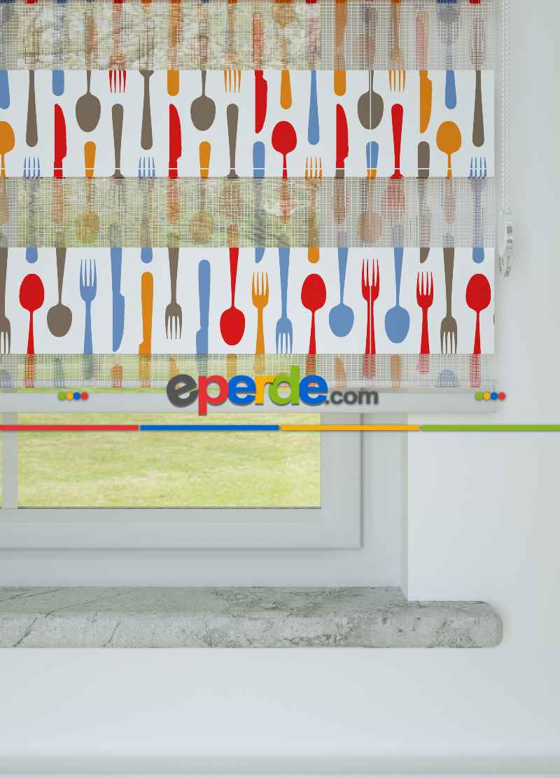 Mutfak - Turuncu Kırmızı Çatal Bıçak Desenli Baskılı Zebra Perde