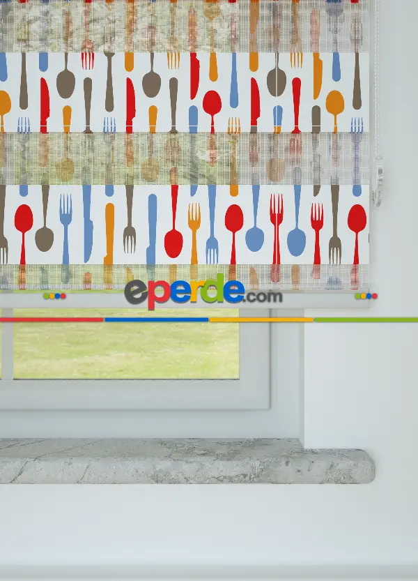 Mutfak - Turuncu Kırmızı Çatal Bıçak Desenli Baskılı Zebra Perde