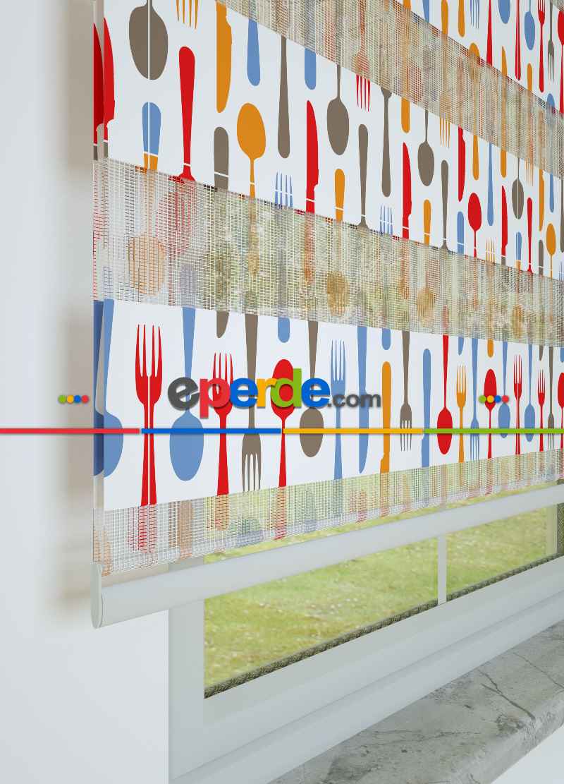 Mutfak - Turuncu Kırmızı Çatal Bıçak Desenli Baskılı Zebra Perde