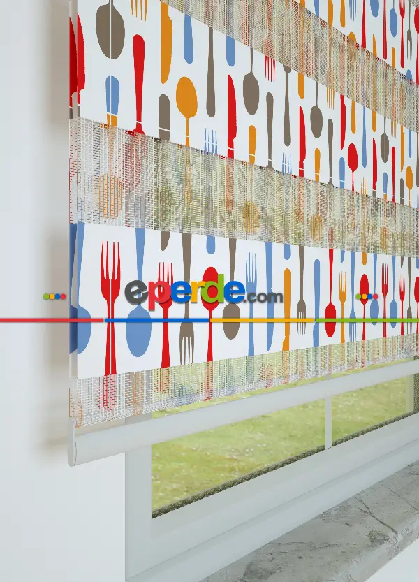 Mutfak - Turuncu Kırmızı Çatal Bıçak Desenli Baskılı Zebra Perde