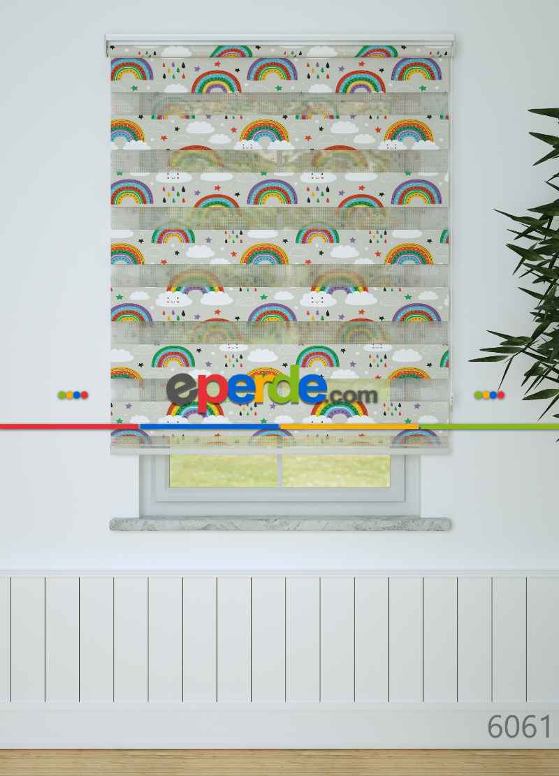 Yeşil Turuncu Gökkuşağı Desenli Baskılı Zebra Perde