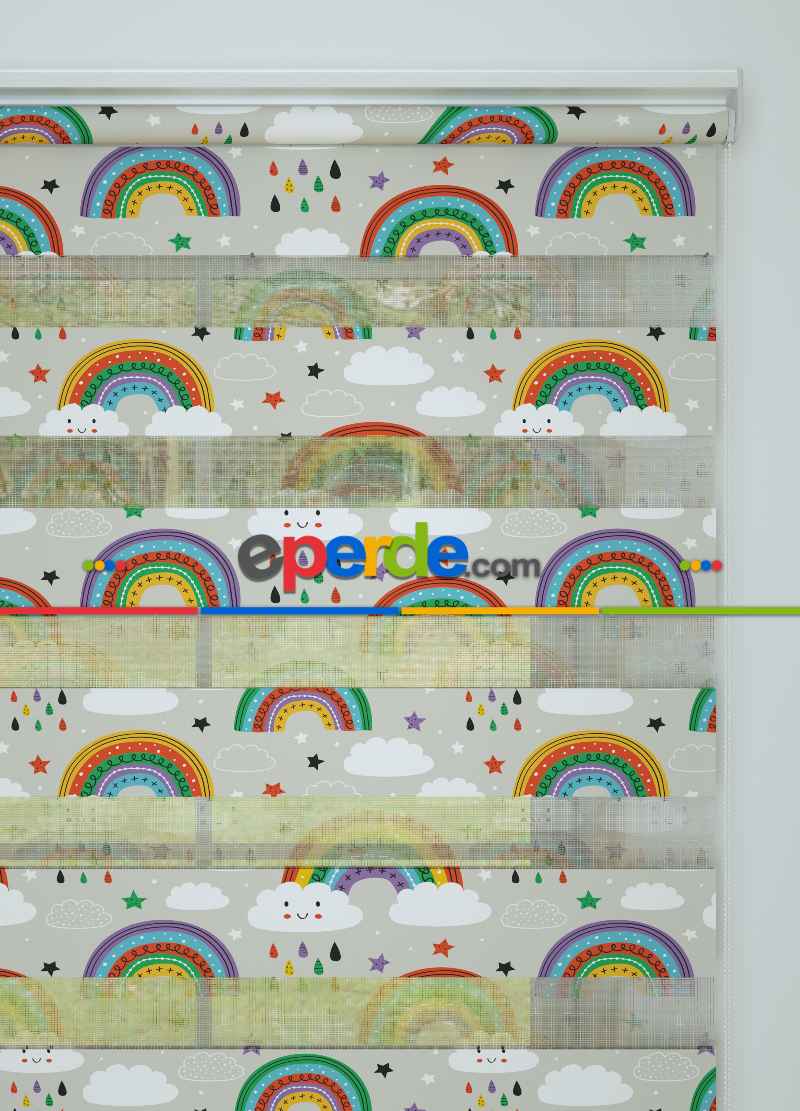 Yeşil Turuncu Gökkuşağı Desenli Baskılı Zebra Perde