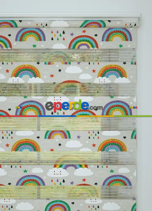 Yeşil Turuncu Gökkuşağı Desenli Baskılı Zebra Perde