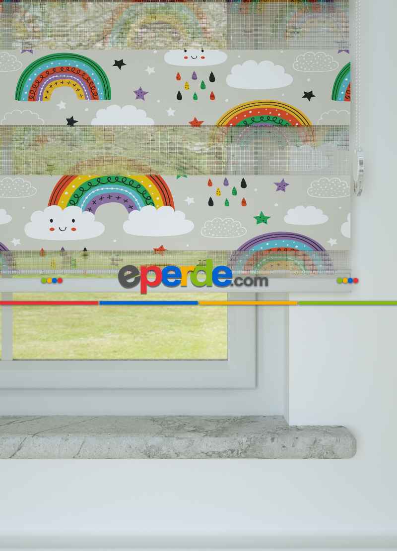 Yeşil Turuncu Gökkuşağı Desenli Baskılı Zebra Perde