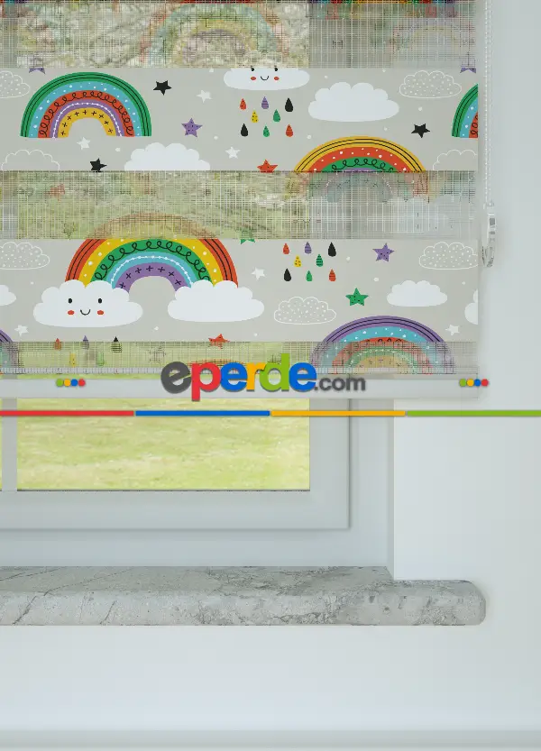 Bebek Odası - Yeşil Turuncu Gökkuşağı Desenli Baskılı Zebra Perde