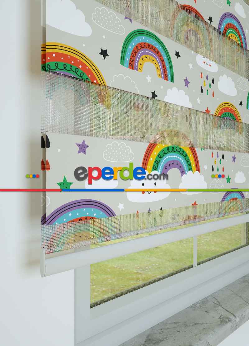 Yeşil Turuncu Gökkuşağı Desenli Baskılı Zebra Perde